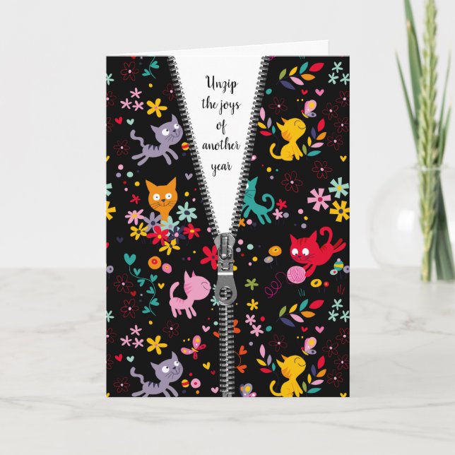 Cute Cat Design med Zipper för födelsedagen Kort (Framsida)