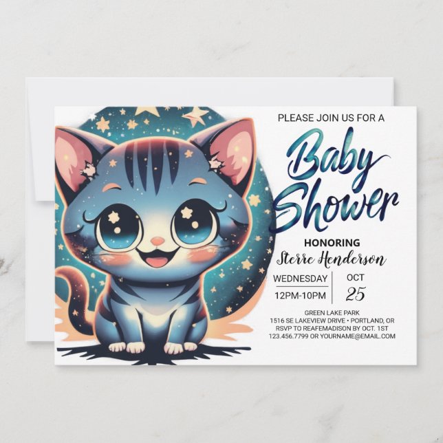 Cute Cat Digital Boy Baby Shower Inbjudningar (Framsida)