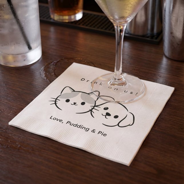 Cute Cat & Dog Line Art "Drink on Us!" Cocktail Na Pappersservett (Skapare uppladdad)