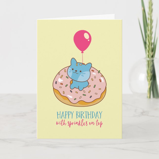 Cute Cat Donut Pun Sprinkles på populär födelsedag Kort (Framsida)