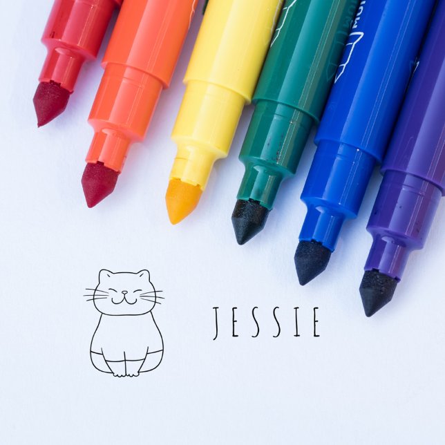 Cute Cat Doodle Kids Personlig Namn Självfärgande Stämpel (Cute Cat Doodle Kids Personalized Name Self-inking Stamp)