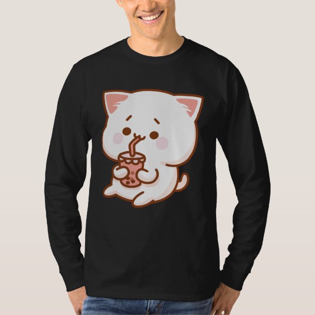 Cute Cat Driking Tea with bubbles T Shirt (Framsida)
