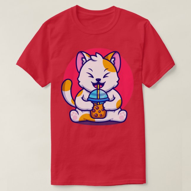 Cute Cat Drink Boba Mjölk Tea Tecknad T Shirt (Design framsida)