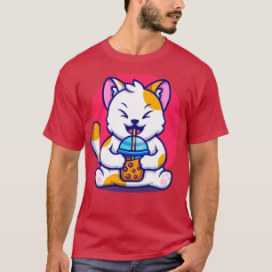 Cute Cat Drink Boba Mjölk Tea Tecknad T Shirt