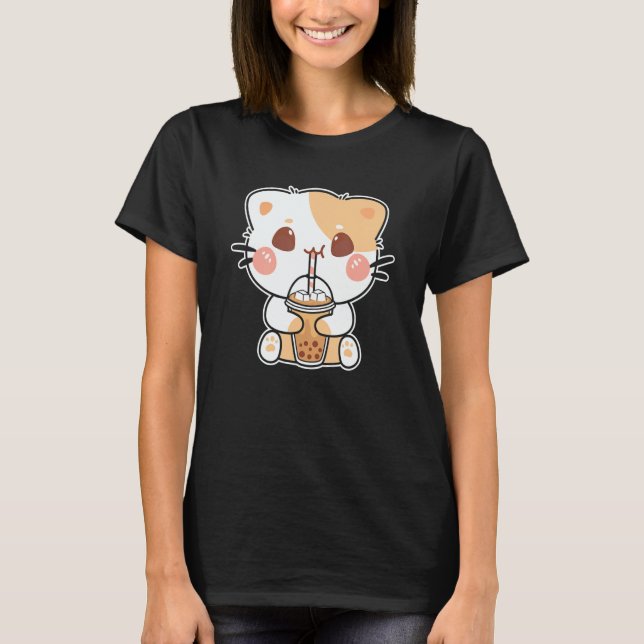 Cute Cat Drinking Boba T Shirt (Framsida)