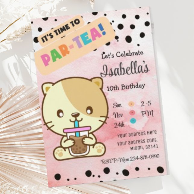 Cute Cat Drinking Boba Tea Birthday-inbjudan Inbjudningar (Skapare uppladdad)