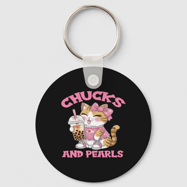 Cute Cat Drinking Bubble Tea Kitten Älskare Nyckelring (Framsida)