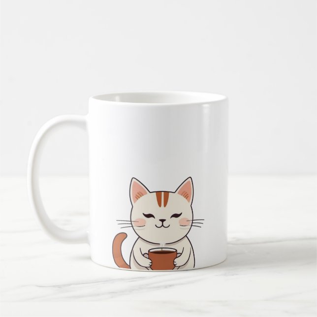 Cute Cat Drinking Coffee Mugg (Vänster)