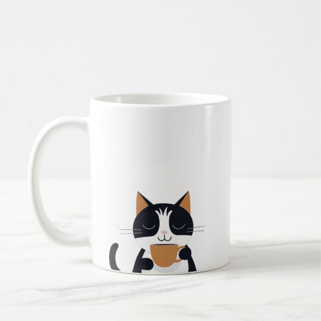 Cute Cat Drinking Coffee Mugg (Vänster)