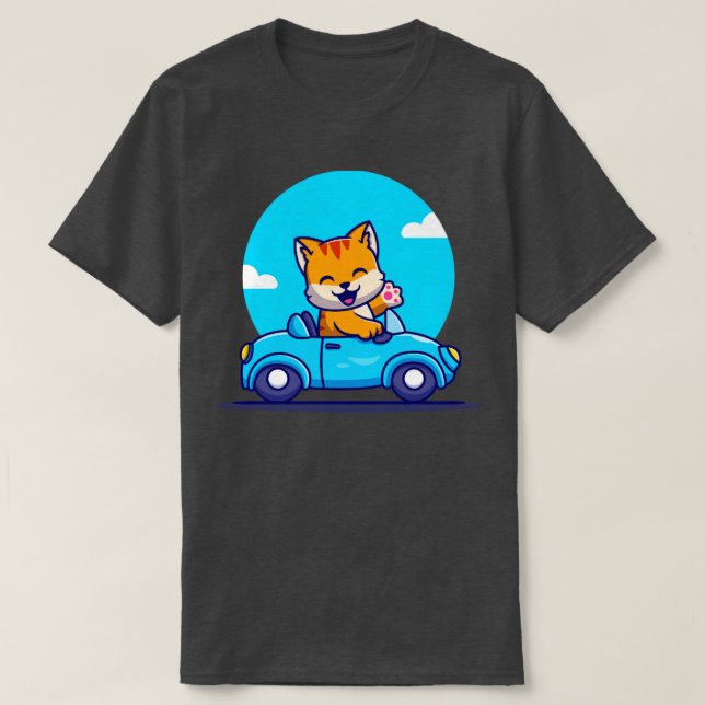Cute Cat Driving Car Tecknad T Shirt (Design framsida)
