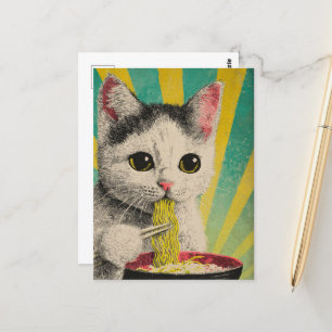 Cute Cat Eating a Bowl of Noodles Vykort