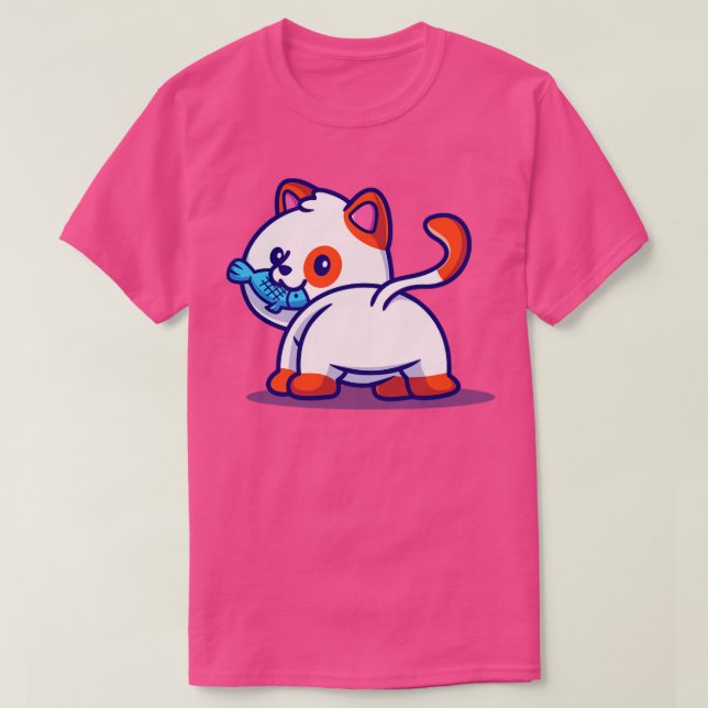 Cute Cat Eating Fish Tecknad1 T Shirt (Design framsida)