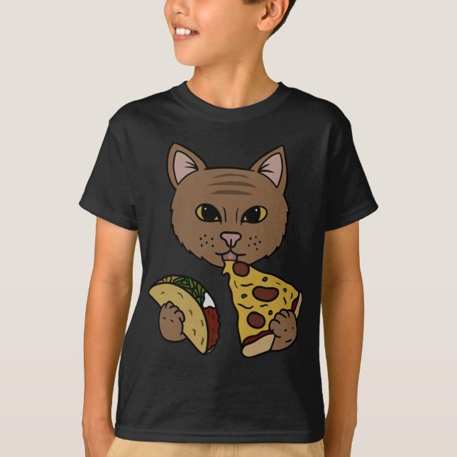 Cute Cat Eating Pizza och Tacos T Shirt (Framsida)