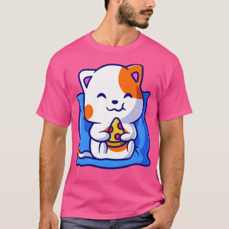 Cute Cat Eating Pizza on Pillow Tecknad T Shirt
