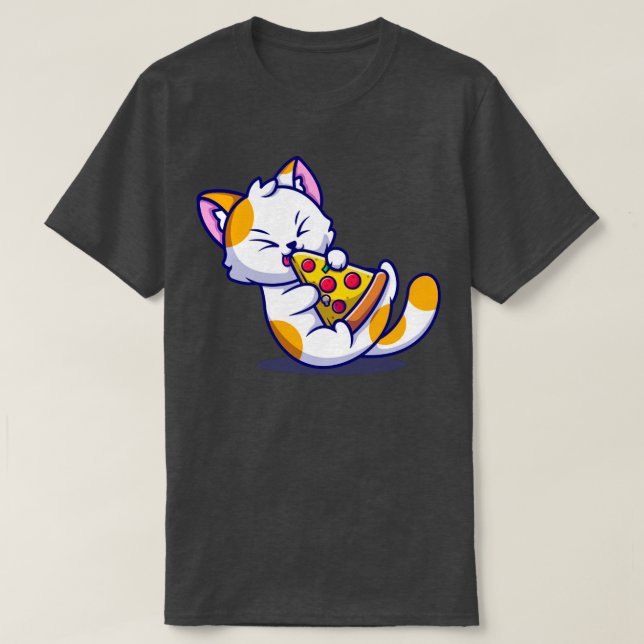 Cute Cat Eating Pizza Tecknad T Shirt (Design framsida)