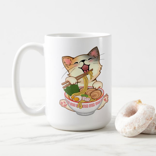 Cute Cat Eating Ramen Funny cartoon Anime kitty Kaffemugg (Med munk)