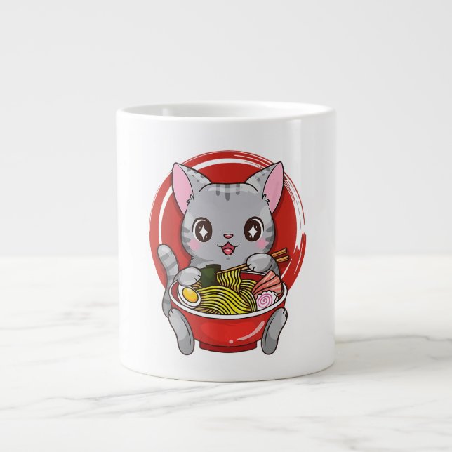 Cute Cat Eating Ramen Japansk livsmedelsdratt Jumbo Mugg (Framsidan)
