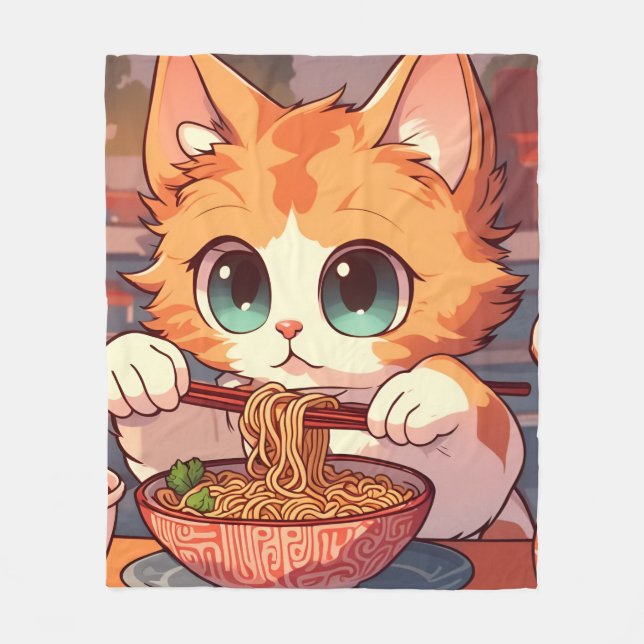 Cute Cat Eating Ramen Noodles Fleecefilt (Framsidan)
