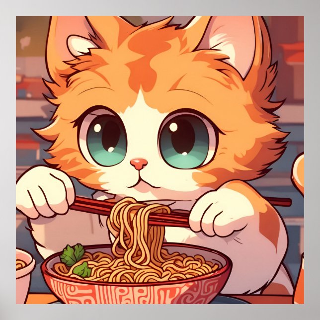 Cute Cat Eating Ramen Noodles Poster (Framsidan)
