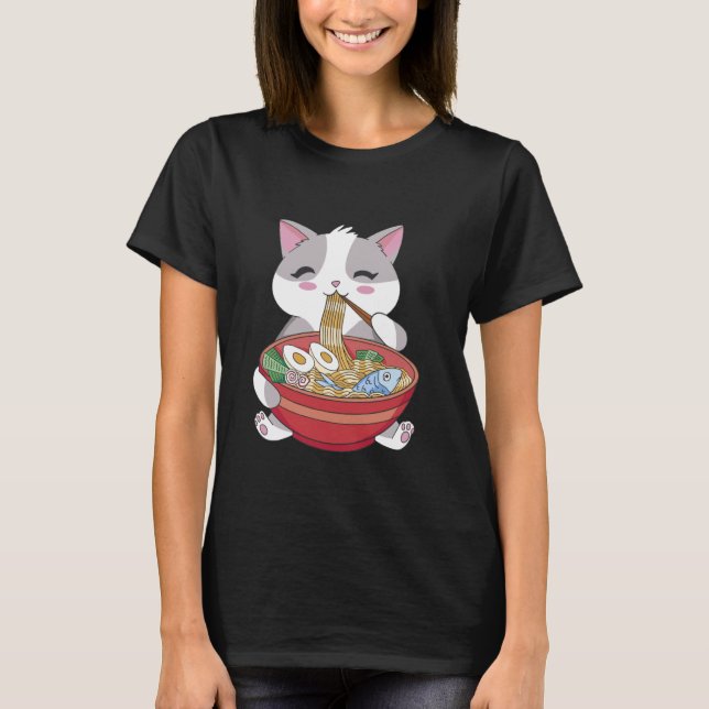 Cute Cat Eating Ramen Noodles T Shirt (Framsida)
