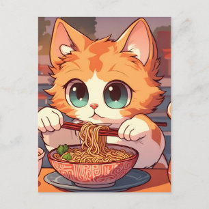 Cute Cat Eating Ramen Noodles Vykort