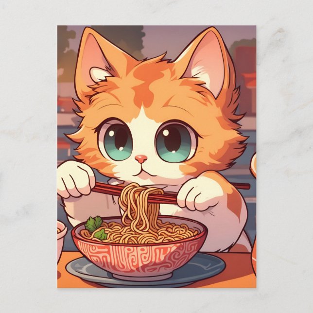Cute Cat Eating Ramen Noodles Vykort (Framsida)