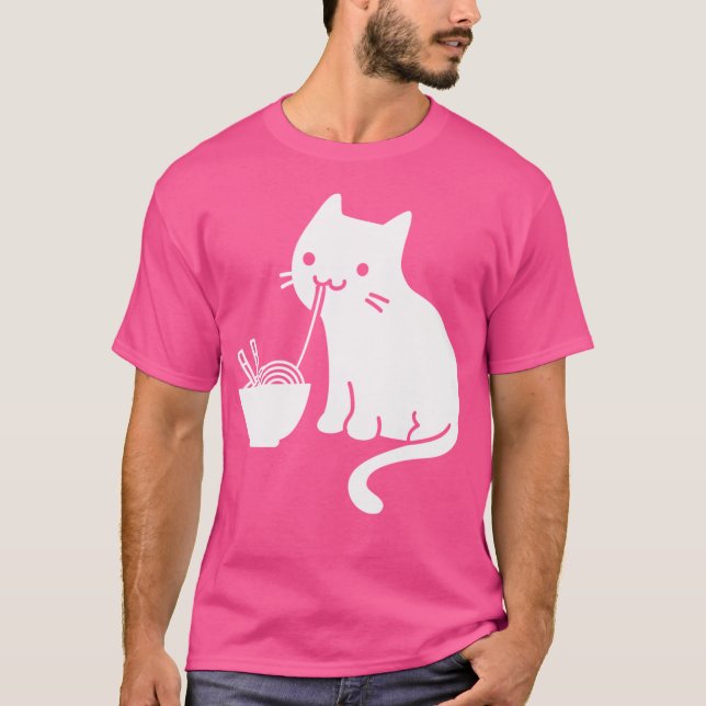 Cute Cat Eating Ramen T Shirt (Framsida)