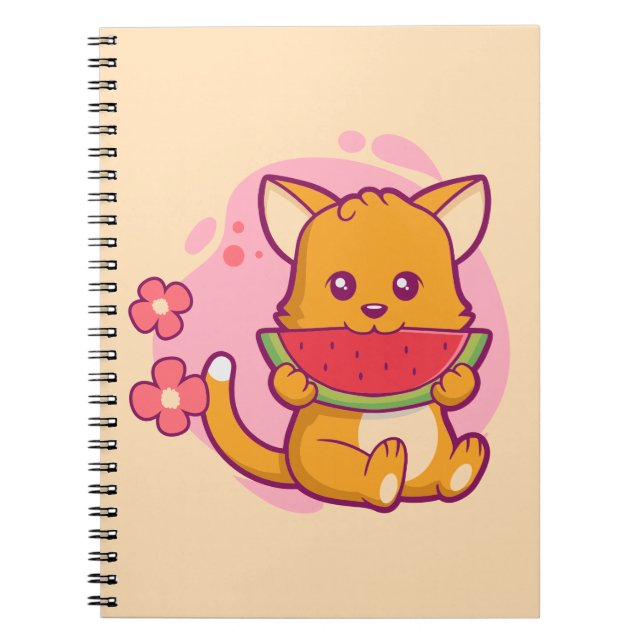 Cute Cat Eating Watermelon | Kawaii Anteckningsbok (Framsidan)
