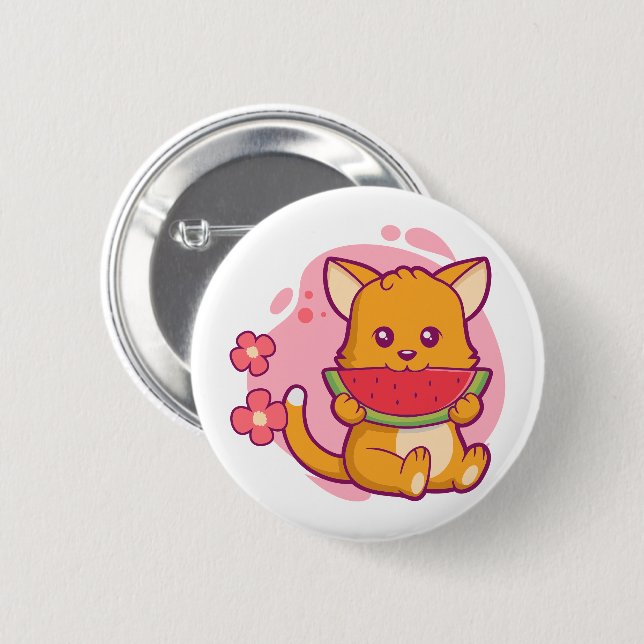 Cute Cat Eating Watermelon | Kawaii Knapp (Framsida & baksida)