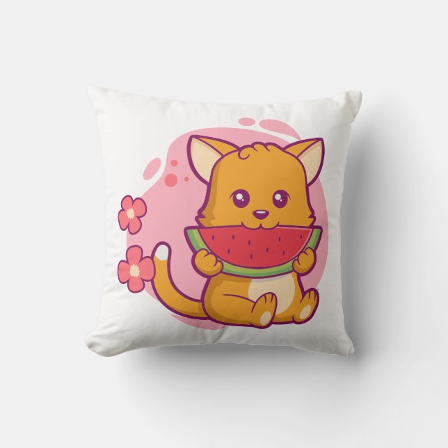 Cute Cat Eating Watermelon | Kawaii Kudde (Framsida)