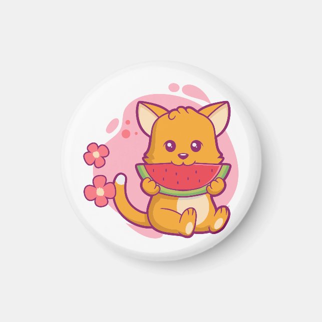 Cute Cat Eating Watermelon | Kawaii Magnet (Framsidan)