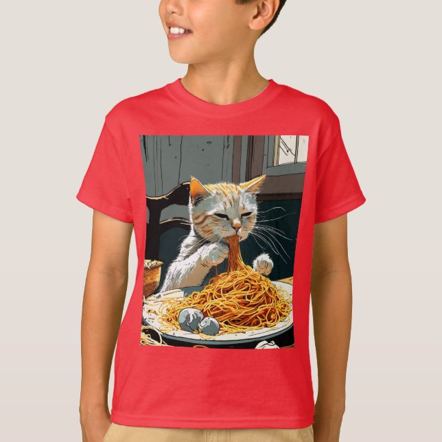 CUTE CAT EATTING SPAGHETTI T SHIRT (Framsida)
