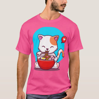 Cute Cat Eatum Noodle med chopstick T Shirt