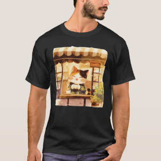 Cute Cat Enjoying Coffee at Cozy Cafe Illustration T Shirt