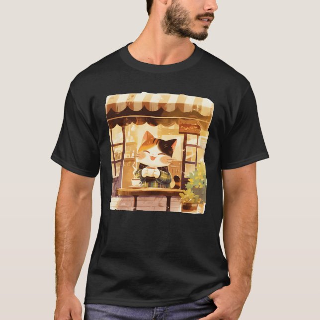 Cute Cat Enjoying Coffee at Cozy Cafe Illustration T Shirt (Framsida)