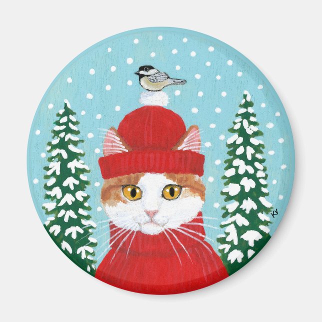 Cute cat, fågeljulvintern snö magnet (Framsidan)