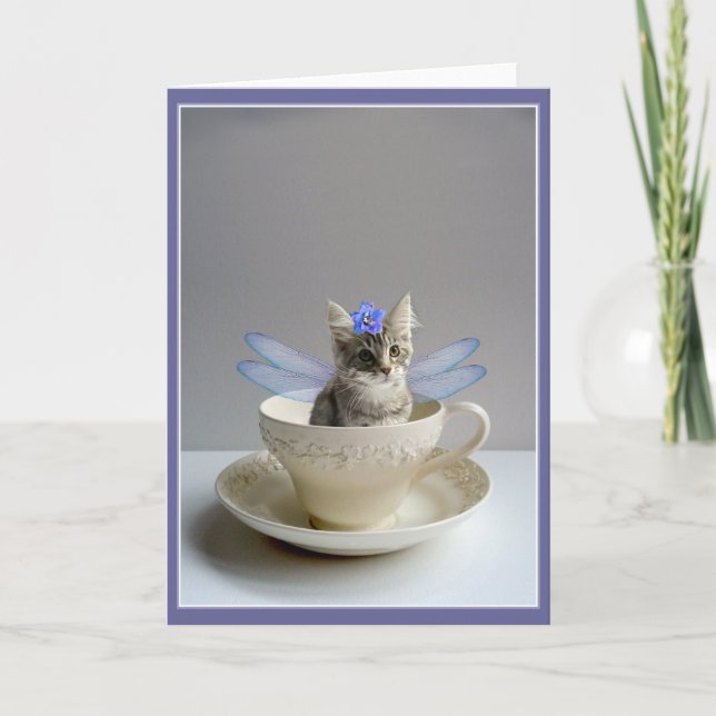 Cute Cat Fairy i Tekopp hälsning eller notkort Kort (Framsida)