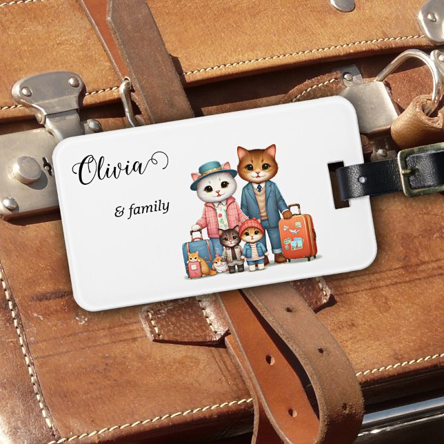 Cute Cat Family Bagagebricka (Luggage tag featuring a colorful illustration of a cat family embarking on a travel adventure)