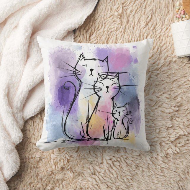 Cute Cat Family Sketch Dekorativ kudde Gift (Filt)