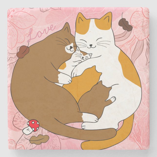 Cute Cat Family Stone Underlägg (Framsidan)