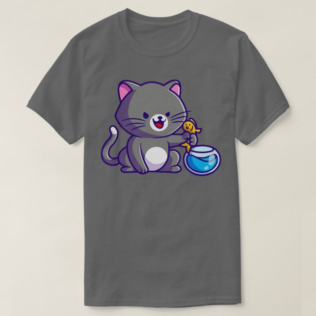 Cute Cat-fångande fisk i Tecknaden Aquarium T Shirt (Design framsida)