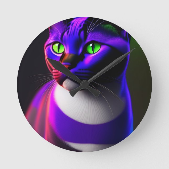 Cute Cat Färg Neon Light Rund Klocka (Framsida)