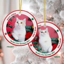 Cute Cat First Christmas Custom Pet Photo Julgransprydnad Keramik