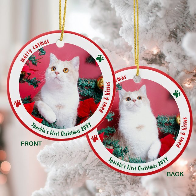 Cute Cat First Christmas Custom Pet Photo Julgransprydnad Keramik (Skapare uppladdad)