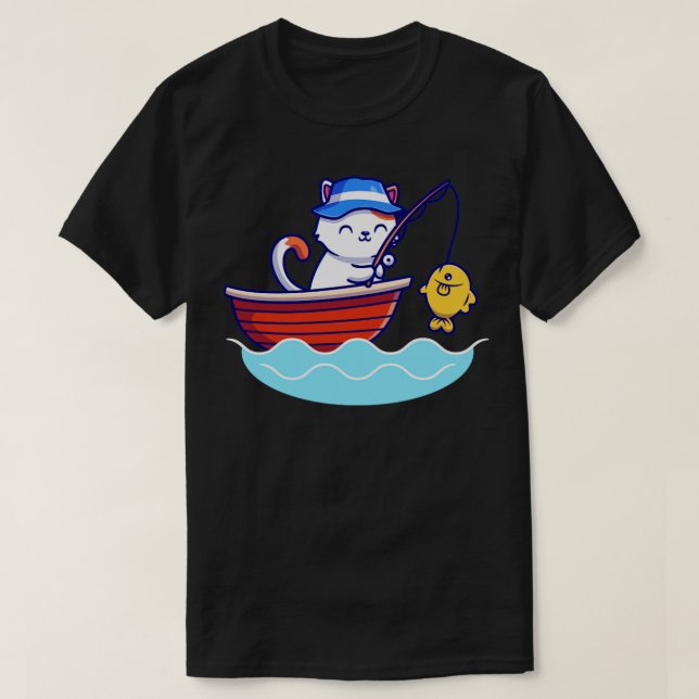 Cute Cat-fiske i havet på fartyg T Shirt (Design framsida)