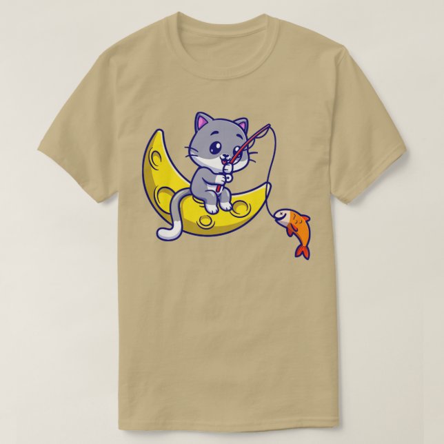 Cute Cat-fiske på Tecknaden Måne T Shirt (Design framsida)