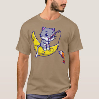 Cute Cat-fiske på Tecknaden Måne T Shirt
