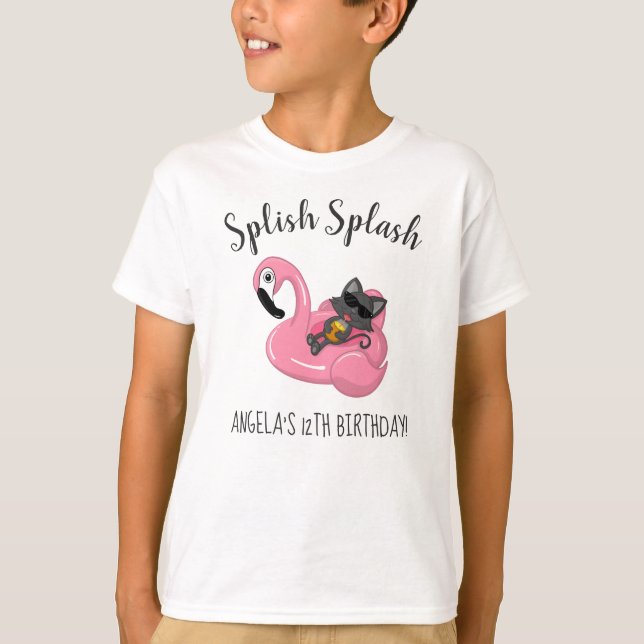 Cute Cat Flamingo Barns födelsedag Bassäng Party T Shirt (Framsida)