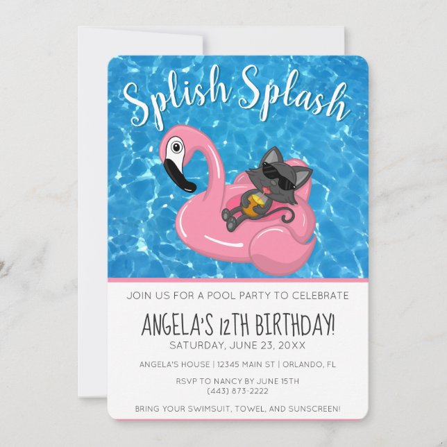 Cute Cat Flamingo Kids Birthday Pool Party Inbjudningar (Framsida)
