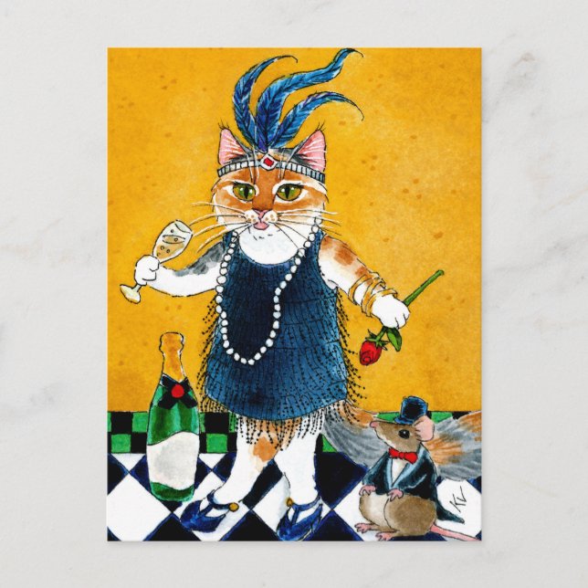 Cute cat Flapper Art Deco dancer 1920 s vykort (Framsida)